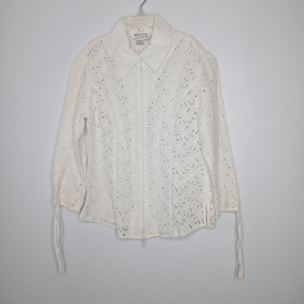 Samuel Dong white lace zip front blouse